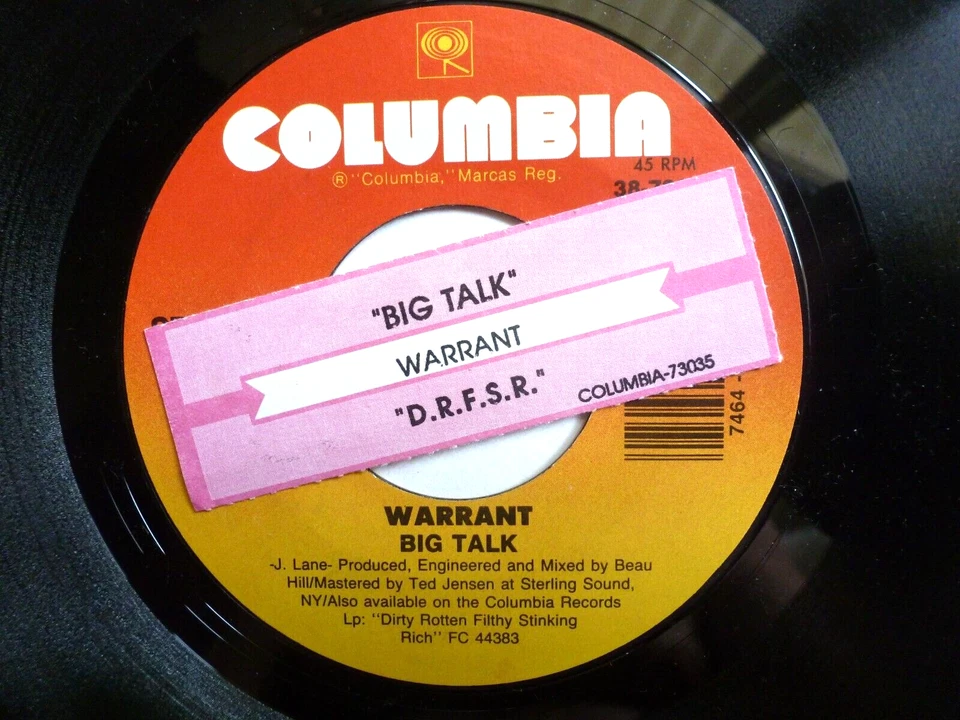 WARRANT 45 RPM 7" VINYL - Big Talk W/TITLE STRIP - Image 1 of 1