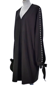 Sheilay Black Tunic Dress Cold Shoulder Slit Sleeve Pearls Embellished L BNWT - Picture 1 of 13