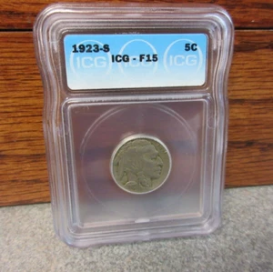 1923-S Indian Head or Buffalo Nickel ICG : graded F15 : SEMI-KEY : BUY-IT-NOW - Picture 1 of 4