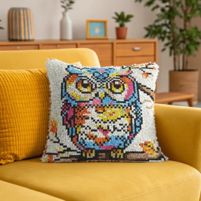 Latch Hook Pillow Making Kit - Rainbow Owl Design Craft Kit - Image 1 of 4