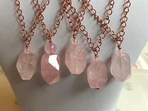 Rose Quartz Nugget & Bead Pendants on Rose Gold Plated Curb Link Chains - Picture 1 of 13