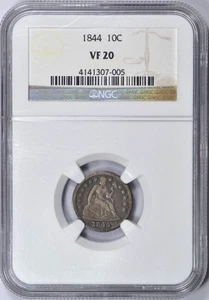 1844 SEATED LIBERTY DIME NGC VF20 TOUGH DATE NICE COIN - Picture 1 of 3