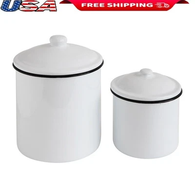 Juego de botes de metal esmaltado con tapas rústico granja cocina almacenamiento 2 piezas nuevo Foto 1 de 3