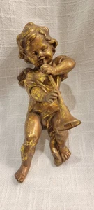 Ángel Querubín Adorno Colgante de Pared Músico Tocando Cuerno Tono Dorado De Colección 11" H - Imagen 1 de 8
