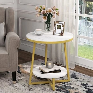 2-Tier Wood Side End Table Small Round Tea Coffee Accent Table for Living Room - Picture 1 of 19