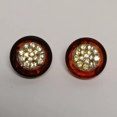 Vintage Shank Buttons Set Of 2 Acrylic Faux Tortoise Shell With Rhinestones - Image 1 of 4