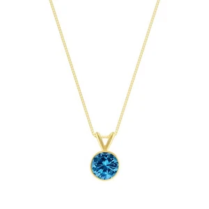 1 Karat Runde Blau Erstellt Diamant Echt 14K Gelbgold Lünette Anhänger 18 Zoll Halskette - Bild 1 von 3