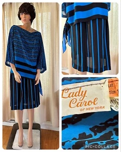 Vintage Lady Carol of New York Top & Skirt Set Geometric ELECTRIC BLUE & Black - Picture 1 of 11