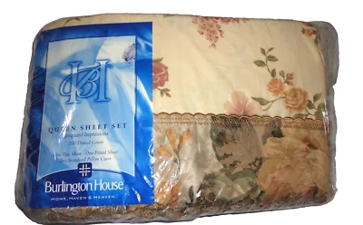 BURLINGTON MONACO PEACH BURGUNDY GREEN GOLD FLORAL (4P) queen SHEET SET - Image 1 of 4