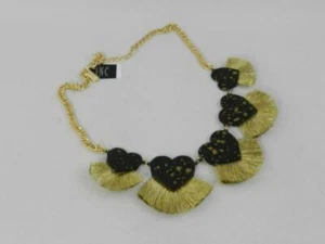 Inc Gold and Black Tone Heart Fringe Frontal Necklace - New - Picture 1 of 1