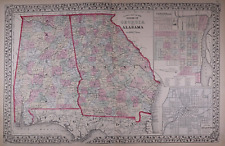 Old 1872 Map ~ GEORGIA - ALABAMA - SAVANNAH ~ Authentic Mitchell Atlas Map #033