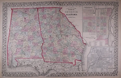 Old 1872 Map ~ GEORGIA - ALABAMA - SAVANNAH ~ Authentic Mitchell Atlas Map #033 - Image 1 of 2