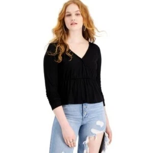 Hippie Rose Junior Ribbed Peplum Hem Top Long Sleeve Size M black - Picture 1 of 9