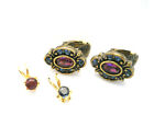 Earrings Faux Ruby Sapphire Victorian Vintage 80s Matching Facet Stone Pendants