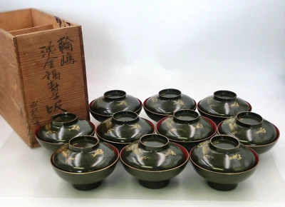 古董日本木制汤碗绿色漆 10 件套 WAJIMA 陶器 CHIN KIN — 第 1/4 张图片