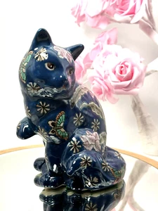 Vintage Figurine Porcelain Cloisonné Blue Sitting Cat Ornament - Picture 1 of 9