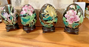 Vintage Asian Easter Eggs w/Stands 4 Seasons Flowers Pink Yellow Lilies - Picture 1 of 9