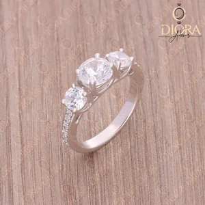 3 Stone Engagement Ring Round White Simulated Ring Sterling Ring Wedding Ring - Imagen 1 de 7