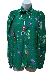 MAJE Size 3 Button Down Tie Neck Green Floral V-Neck Puff Sleeve Top Size L NEW - Picture 1 of 12