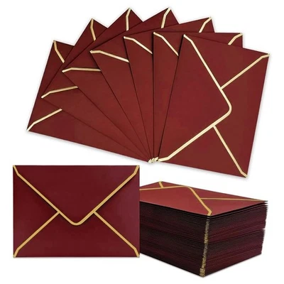 100 PCS A7 Burgundy Invitation Envelopes with Gold Border, 5x7 Inch, V-Flap4957 - image 1 of 4