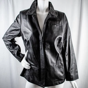 Dana Buchman neue schwarze solide Softshell Damen Leder Reißverschluss Jacke Größe 16 - Bild 1 von 17