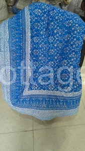 Jaipuri Reversible Hand Block Print Kantha Floral Blanket Quilt Queen Size - Picture 1 of 10
