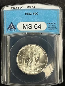1943 Silver Walking Liberty Half Dollar, ANACS MS 64 - Picture 1 of 4