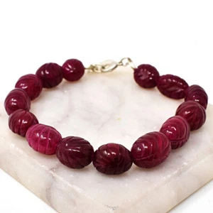 Genuine 200.00 Cts Earth Mined 8" Long Red Ruby Carved Beads Bracelet JK 15E235 - Picture 1 of 2