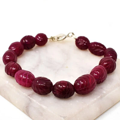 Genuine 200.00 Cts Earth Mined 8" Long Red Ruby Carved Beads Bracelet JK 15E235 - Image 1 of 2