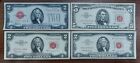 Lot 4 Pcs $2.1928 -$2.1953 - $2 and $5.1963 Two Dollar  Red Seal $2  Circulated