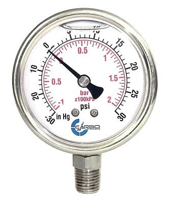 2" Vacuum Gauge, Stainless Steel Case, Liquid Filled, Lower Mnt -30 Hg/+30 psi - Image 1 of 4