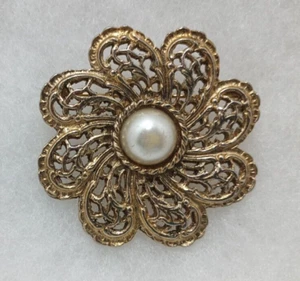 Broche Vintage Corbata 2" Tono Dorado Remolino Diseño Floral con Centro de Perla Imitación - Imagen 1 de 5