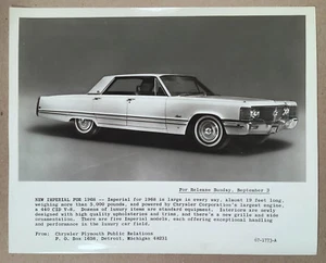 1968 CHRYSLER-PLYMOUTH IMPERIAL Press Release Official 8X10 Photograph - Picture 1 of 1