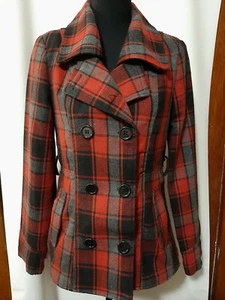 Women's Bongo Brand Red Plaid Double Breasted Coat Size Medium - Picture 1 of 8