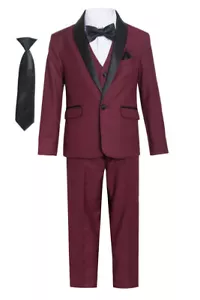 Magen KIDS Boys burgundy slim fit TUXEDO suit 7pc set coat,vest,pant,shirt,tie - Picture 1 of 6