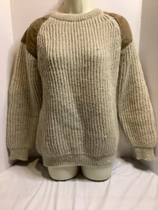 Men's Maban of Scotland 100% Wool Sweater Sz 42 Large Beige Brown Elbow Patches - Picture 1 of 8