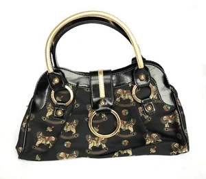 BRACCIALINI Black Toy Horse Pattern Canvas Faux Leather Handbag - Picture 1 of 14