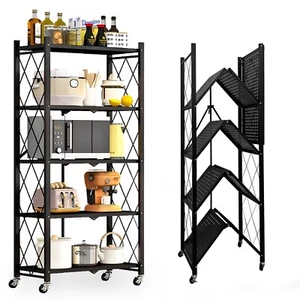 5-Tier Storage Shelves Foldable Metal Rack with Wheels Heavy Duty Storage - Picture 1 of 10
