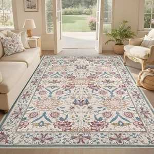 Large Floral Thin Area Rug 9x12 For Living Room Bedroom Washable Clearance Sale - Picture 1 of 9