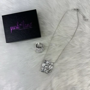 PARK LANE Silver Tone With Rhinestones Square Earrings And Ring Set NWOT - Picture 1 of 4