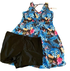 Kate Kasin 2-teiliger Badeanzug Shorts & Kleid 2XL gepolsterter BH blau geblümt neu - Bild 1 von 7