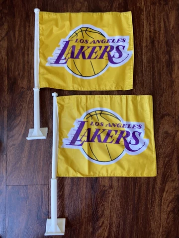 Set Of 2 Los Angeles Lakers Car Auto Flags Banner & Pole 2 sided yellow BRANDNEW Cover