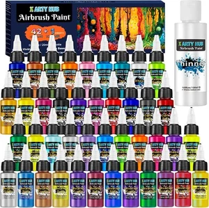 Airbrush Paint - 42 Colors with 4.05 Fl Oz Thinner, Iridescent, Neon Metallic - Picture 1 of 7