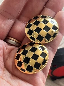 Black Gold Earrings Checkered European Designer Paris Inspired Jewelry French - Bild 1 von 12
