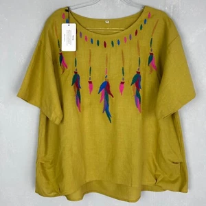 MInibee size XXL 100% linen top yellow embroidered short sleeve boho lagenlook - Picture 1 of 8