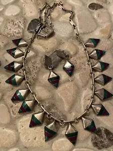 Mexiko 925 Sterling Navajo Tribal Türkis Inlay Halskette Southwestern Ohrringe - Bild 1 von 9
