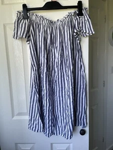 blue white stripe bardot dress size 10 - Picture 1 of 3