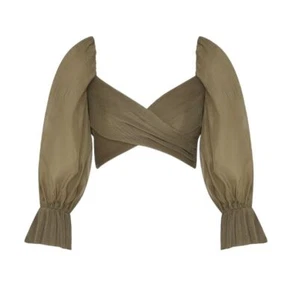 Zimmermann Pleated Bodice | Olive/Khaki Green, Cropped, Plisse, Puff Sleeves - Picture 1 of 4