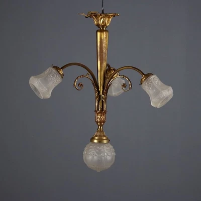 Lustre Ancien Bronze Doré 3 Lumières Italie du XXe Siècle Original - Photo 1/4