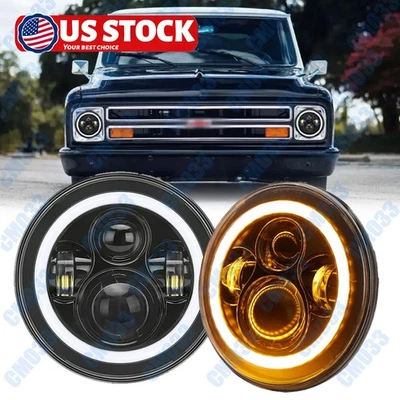 Par de faros LED redondos de 7" negros Hi/Lo DRL para camioneta Chevy C10 C20 C30 Nova Foto 1 de 4